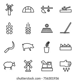 Thin line icon set : windmill, greenhouse, plow, soil cutter, spikelets, field, rake, sickle, pig, seedling, sheep, harvester, sow