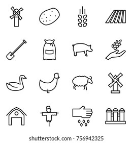 Thin line icon set : windmill, potato, spikelets, field, shovel, flour, pig, harvest, goose, chicken, sheep, barn, scarecrow, sow, grain elevator