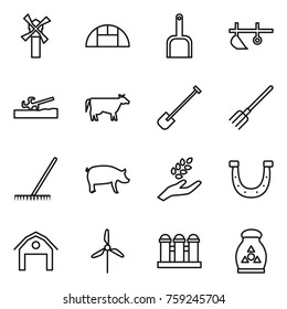 Thin line icon set : windmill, greenhouse, scoop, plow, soil cutter, cow, shovel, fork, rake, pig, harvest, horseshoe, barn, grain elevator, fertilizer
