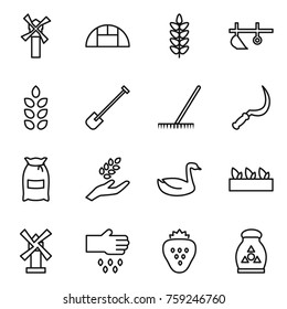 Thin line icon set : windmill, greenhouse, spikelets, plow, shovel, rake, sickle, flour, harvest, goose, seedling, sow, strawberry, fertilizer