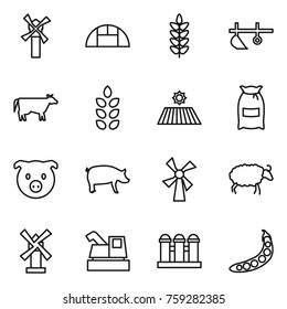Thin line icon set : windmill, greenhouse, spikelets, plow, cow, field, flour, pig, sheep, harvester, grain elevator, peas