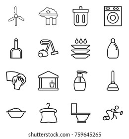 Thin line icon set : windmill, factory filter, bin, washing machine, scoop, vacuum cleaner, plate, cleanser, wiping, utility room, liquid soap, plunger, foam basin, hanger, toilet