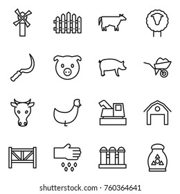 Thin line icon set : windmill, fence, cow, sheep, sickle, pig, wheelbarrow, chicken, harvester, barn, farm, sow, grain elevator, fertilizer