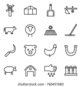 Thin line icon set : windmill, greenhouse, scoop, plow, cow, sheep, field, rake, sickle, pig, chicken, horseshoe, barn, sow, grain elevator