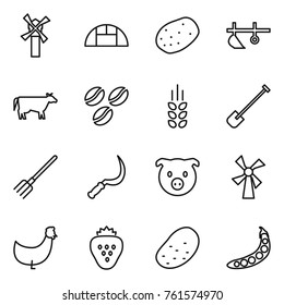 Thin line icon set : windmill, greenhouse, potato, plow, cow, coffee seeds, spikelets, shovel, fork, sickle, pig, chicken, strawberry, peas