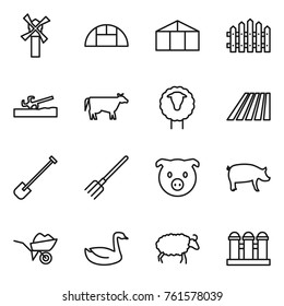 Thin line icon set : windmill, greenhouse, fence, soil cutter, cow, sheep, field, shovel, fork, pig, wheelbarrow, goose, grain elevator