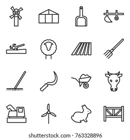 Thin line icon set : windmill, greenhouse, scoop, plow, soil cutter, sheep, field, fork, rake, sickle, wheelbarrow, cow, harvester, rabbit, farm fence