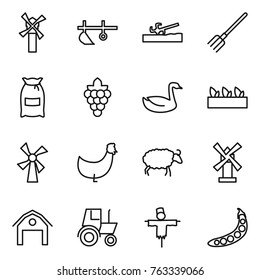 Thin line icon set : windmill, plow, soil cutter, fork, flour, grape, goose, seedling, chicken, sheep, barn, tractor, scarecrow, peas