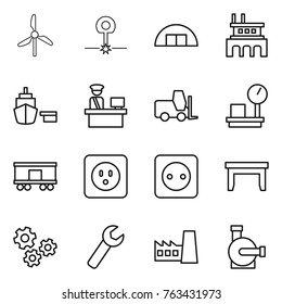 Thin line icon set : windmill, laser, hangare, factory, port, customs control, fork loader, warehouse scales, railroad shipping, power socket, table, gears, wrench, water pump