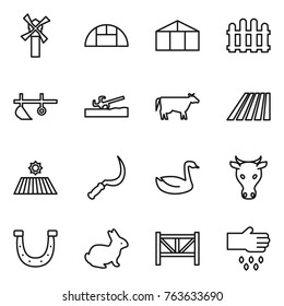 Thin line icon set : windmill, greenhouse, fence, plow, soil cutter, cow, field, sickle, goose, horseshoe, rabbit, farm, sow