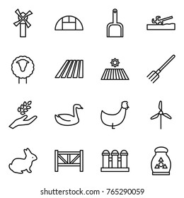 Thin line icon set : windmill, greenhouse, scoop, soil cutter, sheep, field, fork, harvest, goose, chicken, rabbit, farm fence, grain elevator, fertilizer