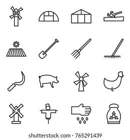Thin line icon set : windmill, greenhouse, soil cutter, field, shovel, fork, rake, sickle, pig, chicken, scarecrow, sow, fertilizer