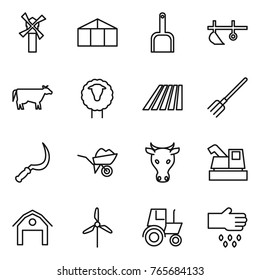 Thin line icon set : windmill, greenhouse, scoop, plow, cow, sheep, field, fork, sickle, wheelbarrow, harvester, barn, tractor, sow