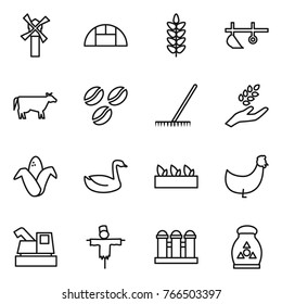 Thin line icon set : windmill, greenhouse, spikelets, plow, cow, coffee seeds, rake, harvest, corn, goose, seedling, chicken, harvester, scarecrow, grain elevator, fertilizer