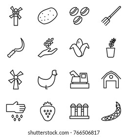 Thin line icon set : windmill, potato, coffee seeds, fork, sickle, harvest, corn, seedling, chicken, harvester, barn, sow, strawberry, grain elevator, peas