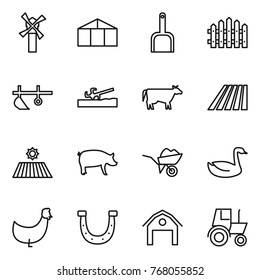 Thin line icon set : windmill, greenhouse, scoop, fence, plow, soil cutter, cow, field, pig, wheelbarrow, goose, chicken, horseshoe, barn, tractor