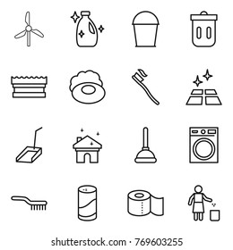 Thin line icon set : windmill, cleanser, bucket, trash bin, sponge, soap, tooth brush, clean floor, scoop, house cleaning, plunger, washing machine, powder, toilet paper, garbage
