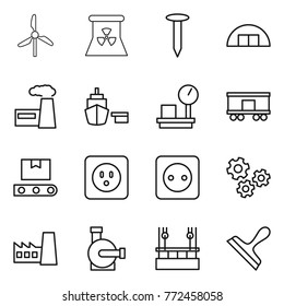 Thin line icon set : windmill, nuclear power, nail, hangare, factory, port, warehouse scales, railroad shipping, transporter tape, socket, gears, water pump, skysrcapers cleaning, scraper