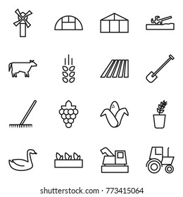 Thin line icon set : windmill, greenhouse, soil cutter, cow, spikelets, field, shovel, rake, grape, corn, seedling, goose, harvester, tractor