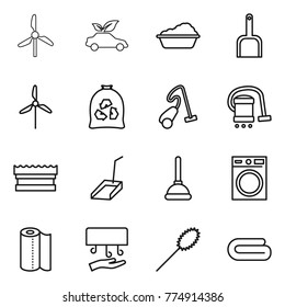Thin line icon set : windmill, eco car, washing, scoop, garbage bag, vacuum cleaner, sponge, plunger, machine, paper towel, hand dryer, duster