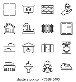 Thin line icon set : window, presentation, brick wall, real estate, home, water tap, radiator, slippers, warehouse, clean, washing machine, brush, sink, cleaner, iron