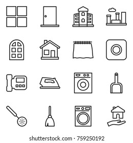 Thin line icon set : window, door, building, city, arch, home, curtain, ring button, intercome, iron, washing machine, scoop, skimmer, broom, housing