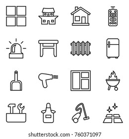 Thin line icon set : window, japanese house, home, remote control, alarm, stool, radiator, fridge, scoop, hair dryer, bbq, repair tools, apron, vacuum cleaner, clean floor