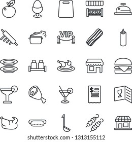 Thin Line Icon Set - wine card vector, reception, cocktail, plates, bacon, egg stand, salt and pepper, candle, vip zone, alcove, restaurant receipt, chicken, kebab, ham, hamburger, hot dog, ladle