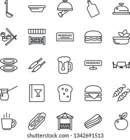 Thin Line Icon Set - wine card vector, reserved, reception, coffee, beer, salad, plates, bacon, waiter, bread, cafe table, alcove, kebab, hamburger, hot dog, ladle, bowl, cutting board, turkish