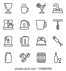 thin line icon set : wineglass, hot drink, cocktail, water tap, coffee maker, kettle, cup, corkscrew, blender, bank, seeds, barrel, wine
