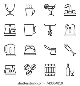 thin line icon set : wineglass, hot drink, cocktail, water tap, coffee maker, cup, corkscrew, kettle, turk, blender, seeds, barrel, wine