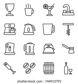 thin line icon set : wineglass, hot drink, cocktail, water tap, coffee maker, kettle, cup, corkscrew, turk, blender, seeds, barrel, wine