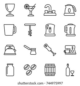 thin line icon set : wineglass, cocktail, water tap, kettle, cup, corkscrew, turk, blender, coffee maker, bank, seeds, barrel, wine