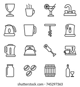 thin line icon set : wineglass, hot drink, cocktail, water tap, kettle, cup, corkscrew, blender, coffee maker, bank, seeds, barrel, wine
