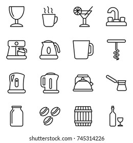 thin line icon set : wineglass, hot drink, cocktail, water tap, coffee maker, kettle, cup, corkscrew, turk, bank, seeds, barrel, wine