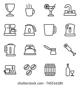 thin line icon set : wineglass, hot drink, cocktail, water tap, coffee maker, kettle, cup, turk, blender, seeds, barrel, wine