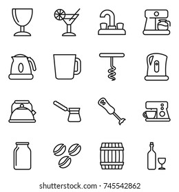 thin line icon set : wineglass, cocktail, water tap, coffee maker, kettle, cup, corkscrew, turk, blender, bank, seeds, barrel, wine