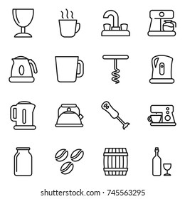 thin line icon set : wineglass, hot drink, water tap, coffee maker, kettle, cup, corkscrew, blender, bank, seeds, barrel, wine
