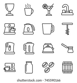 thin line icon set : wineglass, hot drink, cocktail, water tap, coffee maker, kettle, cup, corkscrew, turk, bank, seeds, barrel