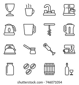 thin line icon set : wineglass, hot drink, water tap, coffee maker, kettle, cup, corkscrew, turk, blender, bank, seeds, barrel, wine