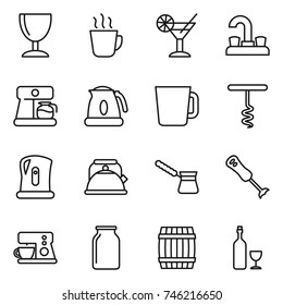 thin line icon set : wineglass, hot drink, cocktail, water tap, coffee maker, kettle, cup, corkscrew, turk, blender, bank, barrel, wine