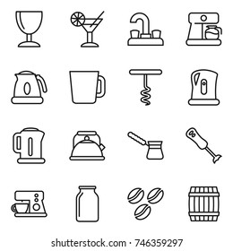 thin line icon set : wineglass, cocktail, water tap, coffee maker, kettle, cup, corkscrew, turk, blender, bank, seeds, barrel