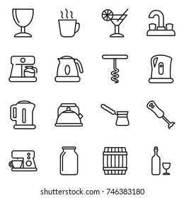 thin line icon set : wineglass, hot drink, cocktail, water tap, coffee maker, kettle, corkscrew, turk, blender, bank, barrel, wine
