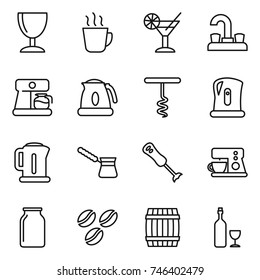 thin line icon set : wineglass, hot drink, cocktail, water tap, coffee maker, kettle, corkscrew, turk, blender, bank, seeds, barrel, wine