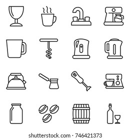 thin line icon set : wineglass, hot drink, water tap, coffee maker, cup, corkscrew, kettle, turk, blender, bank, seeds, barrel, wine