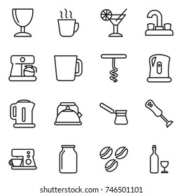 thin line icon set : wineglass, hot drink, cocktail, water tap, coffee maker, cup, corkscrew, kettle, turk, blender, bank, seeds, wine
