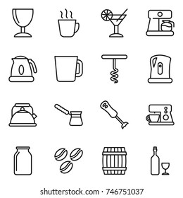 thin line icon set : wineglass, hot drink, cocktail, coffee maker, kettle, cup, corkscrew, turk, blender, bank, seeds, barrel, wine