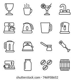 thin line icon set : wineglass, hot drink, cocktail, water tap, coffee maker, kettle, cup, turk, blender, bank, seeds, barrel