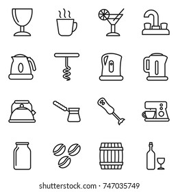 thin line icon set : wineglass, hot drink, cocktail, water tap, kettle, corkscrew, turk, blender, coffee maker, bank, seeds, barrel, wine