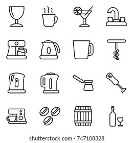 thin line icon set : wineglass, hot drink, cocktail, water tap, coffee maker, kettle, cup, corkscrew, turk, blender, seeds, barrel, wine